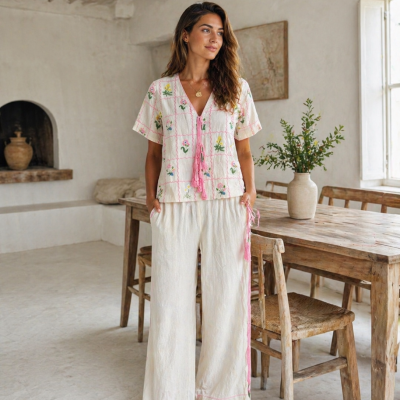 Mulher usando conjunto feminino estampado com flores, calças largas brancas, em ambiente rústico com mesa de madeira e vaso de plantas