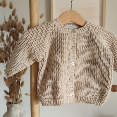 Casaco de malha bege pendurado em cabide de madeira num suporte, com vaso de flores secas ao lado