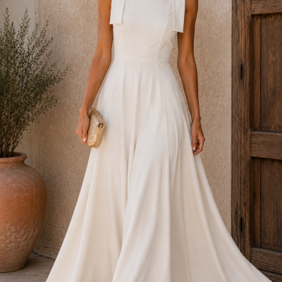 Vestido longo creme com laços nos ombros e clutch dourada