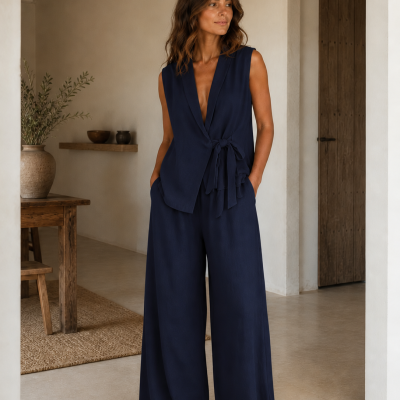 Conjunto feminino azul escuro com colete sem mangas e calças largas em ambiente interior rústico