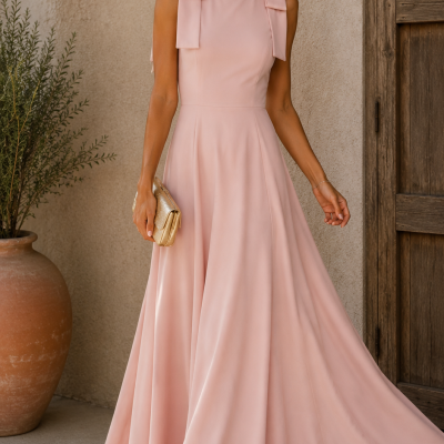 Mulher com vestido rosa longo sem mangas e sandálias douradas, segurando clutch dourada em ambiente com parede bege e vaso de cerâmica