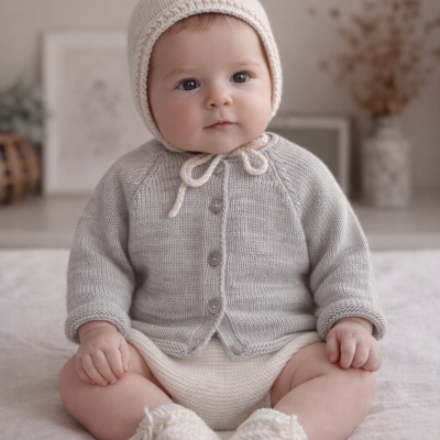 Bebé sentado com roupa de malha cinzenta e creme