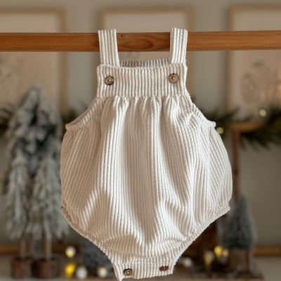 Macacão de bebé creme com botões de madeira pendurado em varão de madeira