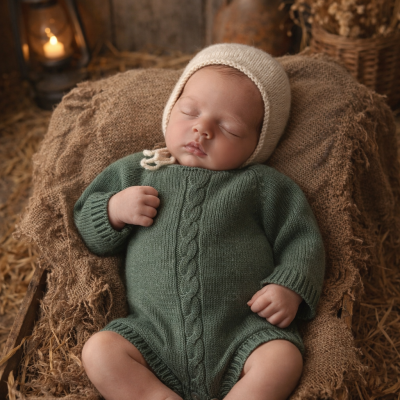 Bebé dormindo com body verde de malha e touca branca em ambiente rústico.