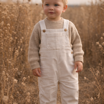 Criança com macacão branco e suéter bege num campo seco