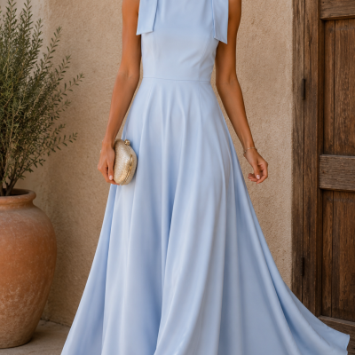 Vestido longo azul claro fluido com laços nos ombros, sandálias douradas e carteira dourada pequena