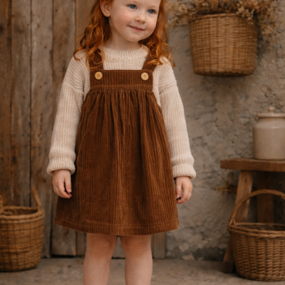 Menina com vestido castanho e camisola creme posando em ambiente rústico