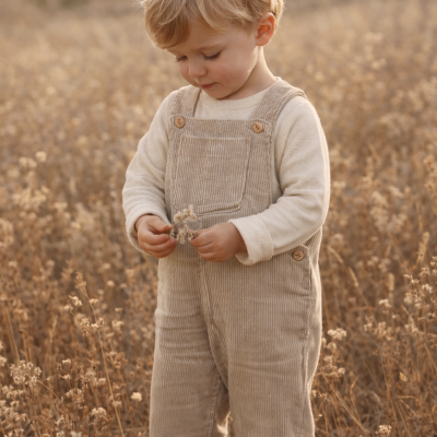 Criança vestida com fato de bombazine bege claro num campo seco