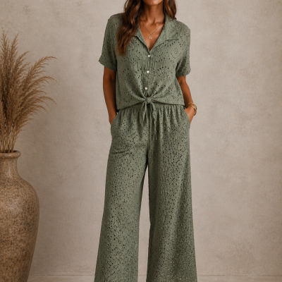 Conjunto verde de camisa e calças largas com padrão perfurado e sandálias castanhas
