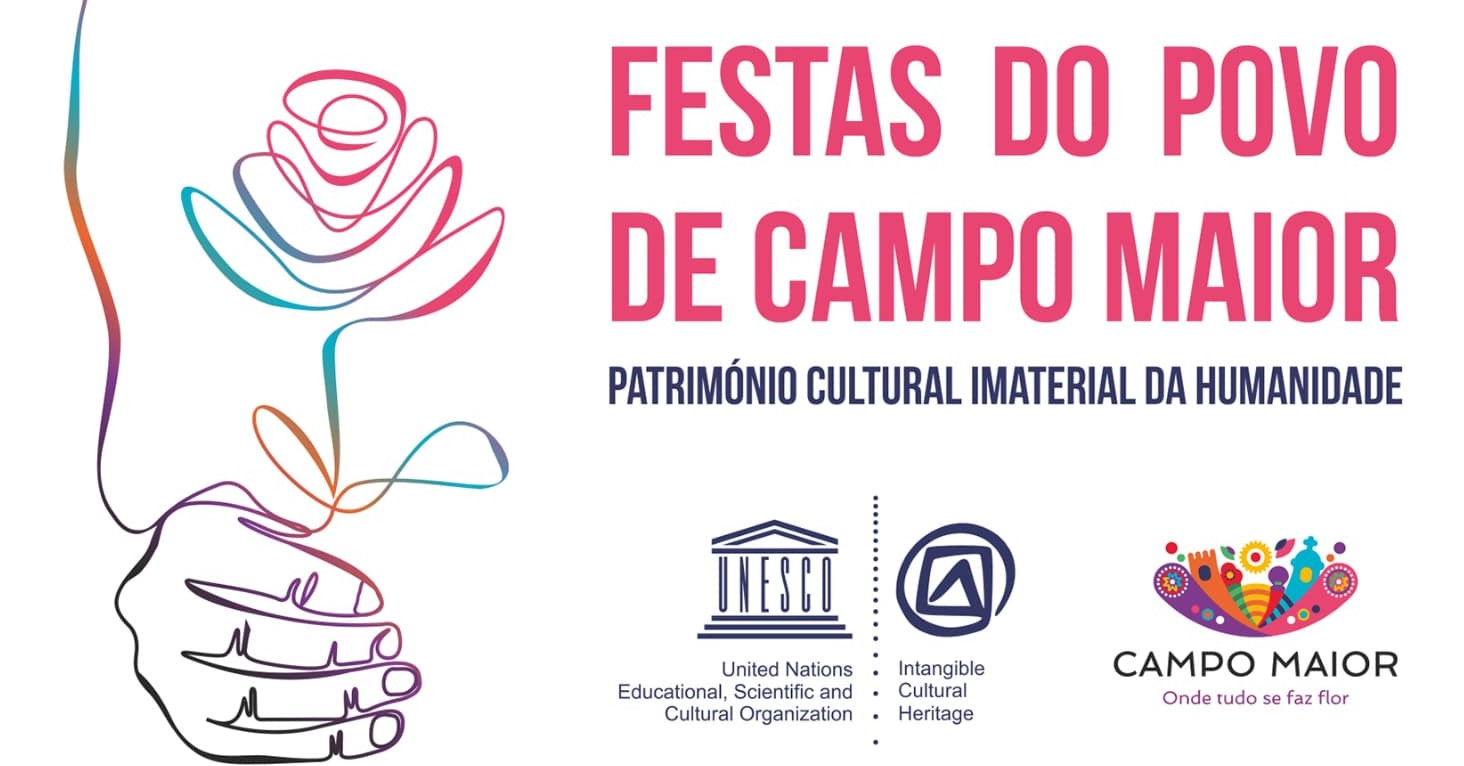 Festas do Povo de Campo Maior 2026 - Pack Hotel + Entrada Ilustração de uma mão segurando uma flor colorida com texto sobre Festas do Povo de Campo Maior e logos da UNESCO e Campo Maior