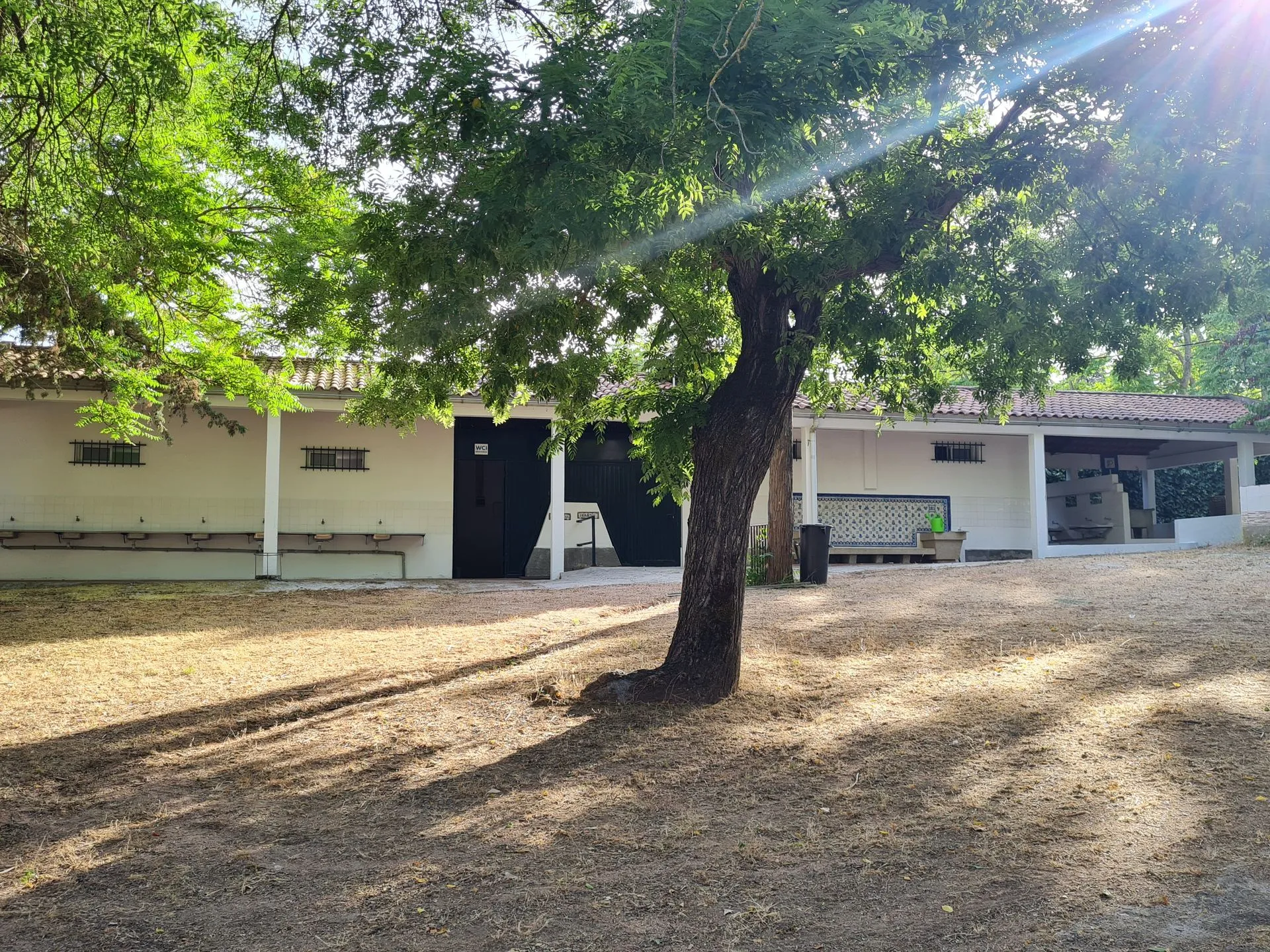 Festas do Povo de Campo Maior 2026 - Pack Camping Piedade em Elvas Estrutura exterior branca com portas pretas com sinal WC e árvore com sombra no chão seco