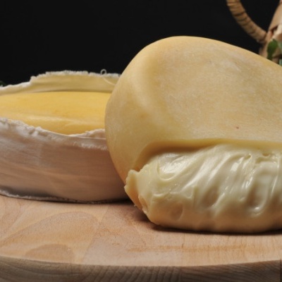 Dois queijos redondos sobre tábua de madeira com folhas verdes em volta