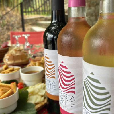 Três garrafas de vinho Cobre a Ponte com petiscos numa mesa ao ar livre