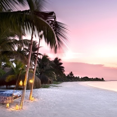 Cama suspensa entre palmeiras numa praia ao pôr do sol