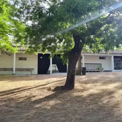 Estrutura exterior branca com portas pretas com sinal WC e árvore com sombra no chão seco