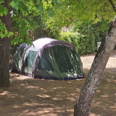 Tenda de campismo verde instalada entre árvores em espaço exterior