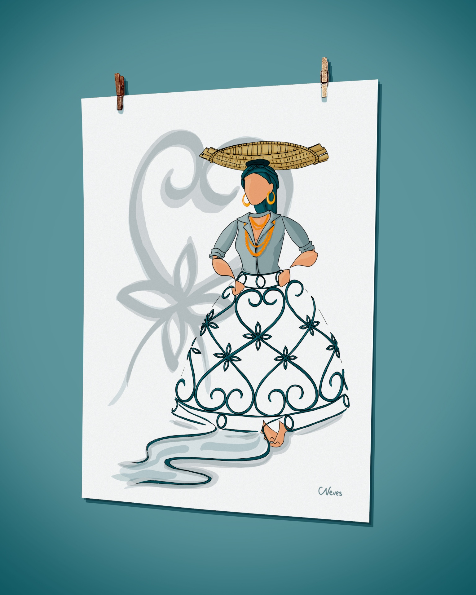 Ilustração de mulher com saia decorativa e cesto na cabeça pendurada numa parede azul