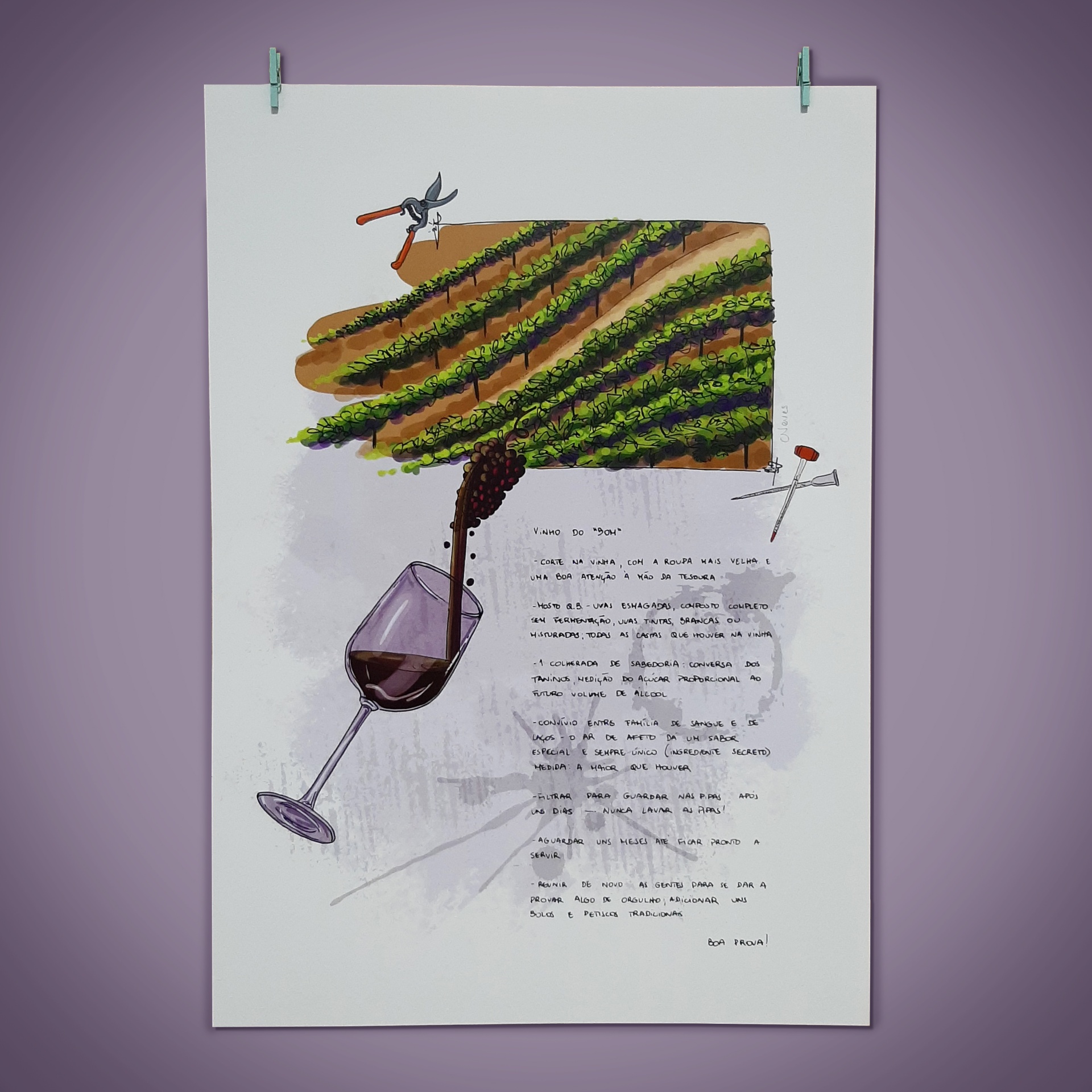 Cartaz ilustrativo de videiras e taça de vinho com texto manuscrito