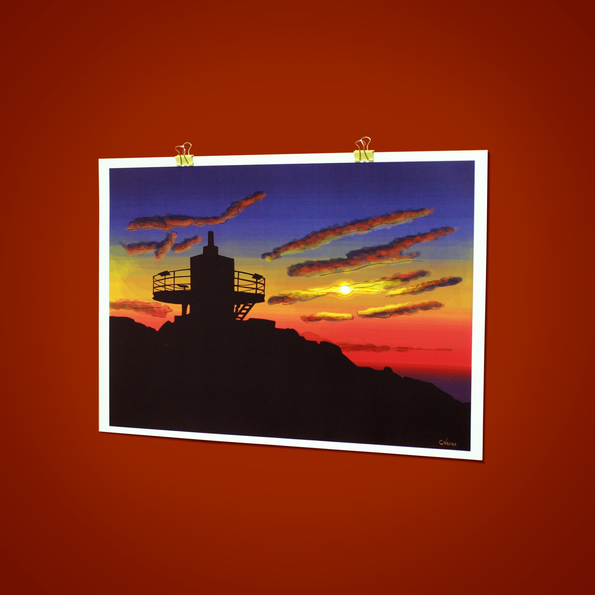 Pôr-do-sol com torre em silhueta impressa pendurada em papel branco