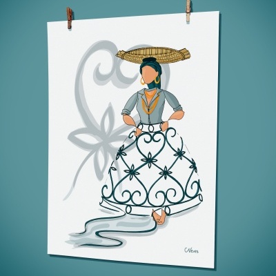 Ilustração de mulher com saia decorativa e cesto na cabeça pendurada numa parede azul