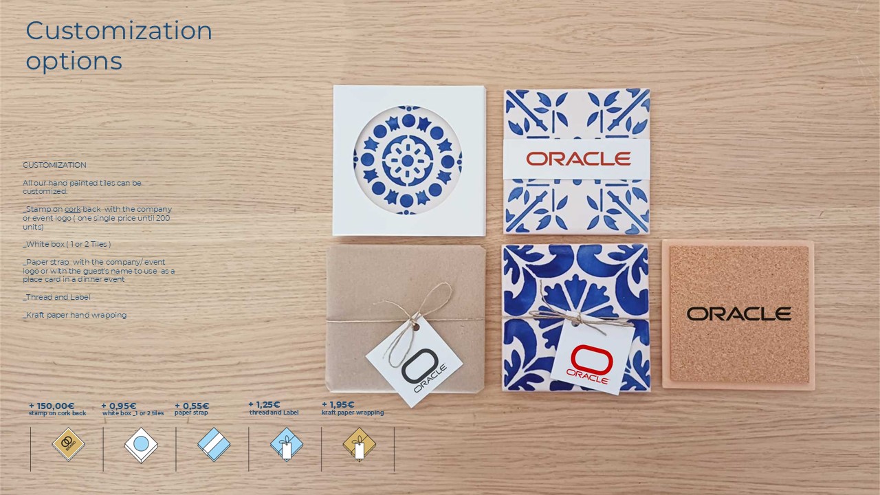 Customizable blue patterned ceramic tiles with ORACLE text and packaging options on a wooden surface