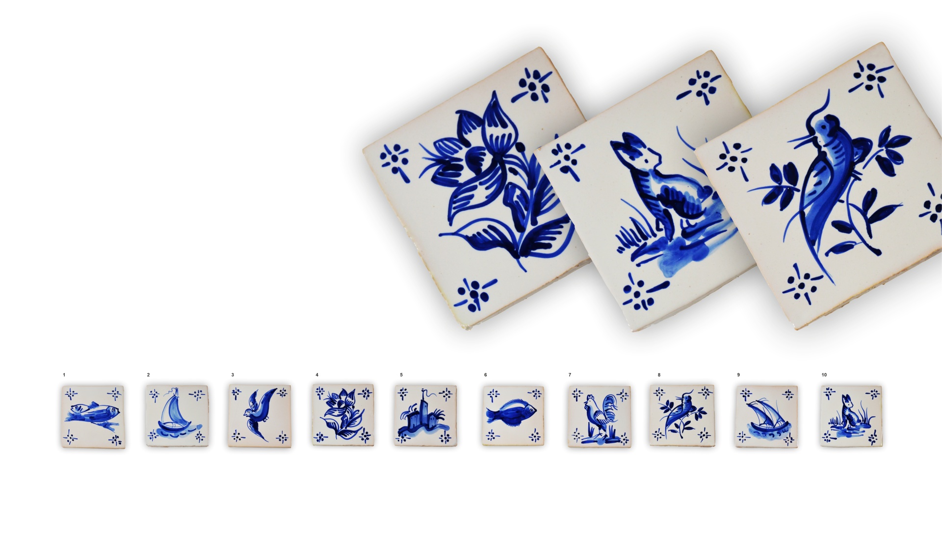 Ten hand-painted blue designs on white ceramic tiles numbered 1 to 10