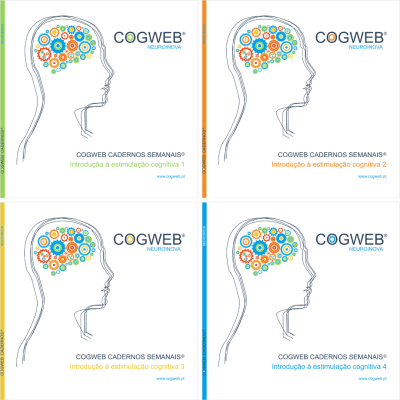 Capas de cadernos com cabeça humana e engrenagens coloridas para estimulação cognitiva