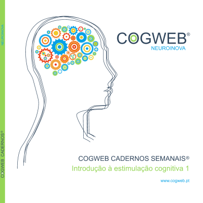Desenho perfil de cabeça com engrenagens coloridas e texto COGWEB NEUROINOVA