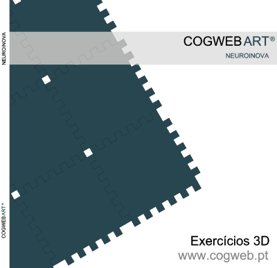Peças de puzzle azul e cinza com texto de marca COGWEB ART NEUROINOVA e Exercícios 3D www.cogweb.pt.