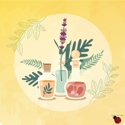 Três frascos de vidro com plantas decorativas sobre fundo amarelo com folhas verdes desenhadas