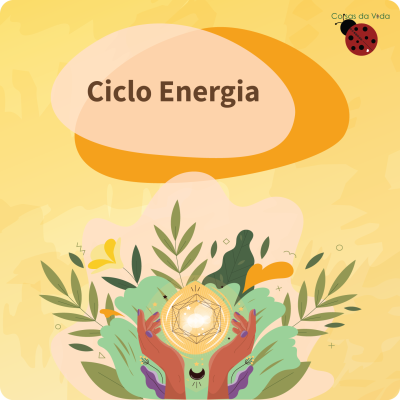 Ilustração digital com mãos segurando esfera luminosa e texto Ciclo Energia.