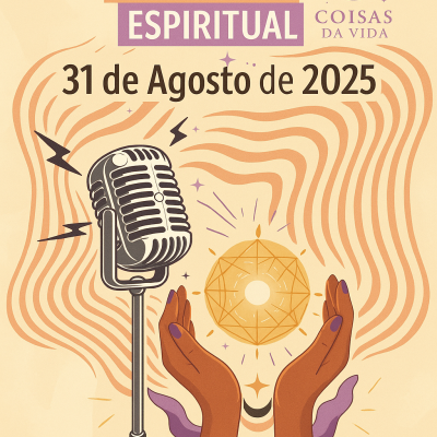 Cartaz evento Open Mic Espiritual com microfone vintage e mãos abertas em fundo bege com linhas onduladas