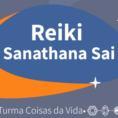 Banner digital azul com texto Reiki Sanathana Sai e símbolos espirituais com mãos iluminadas segurando esfera
