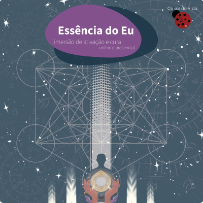 Imagem gráfica azul com texto 'Essência do Eu' em oval roxo e logotipo joaninha