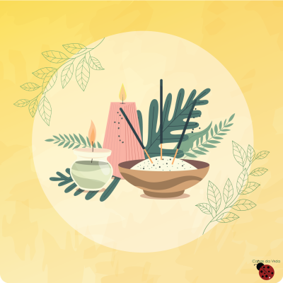 Conjunto ilustrado de velas e incensos decorados com folhas sobre fundo amarelo com padrão de folhas