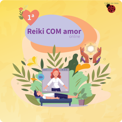Ilustração de sessão de Reiki online com duas pessoas e texto promocional