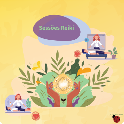 Ilustração de sessões de Reiki com figuras meditando, mãos segurando símbolo e plantas verdes