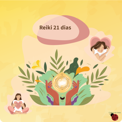 Ilustração colorida de mãos segurando uma esfera luminosa com texto Reiki 21 dias