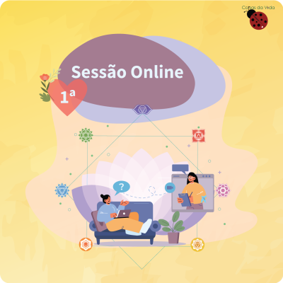 Ilustração de duas pessoas numa sessão online com texto Sessão Online 1ª e logótipo Copas da Vida