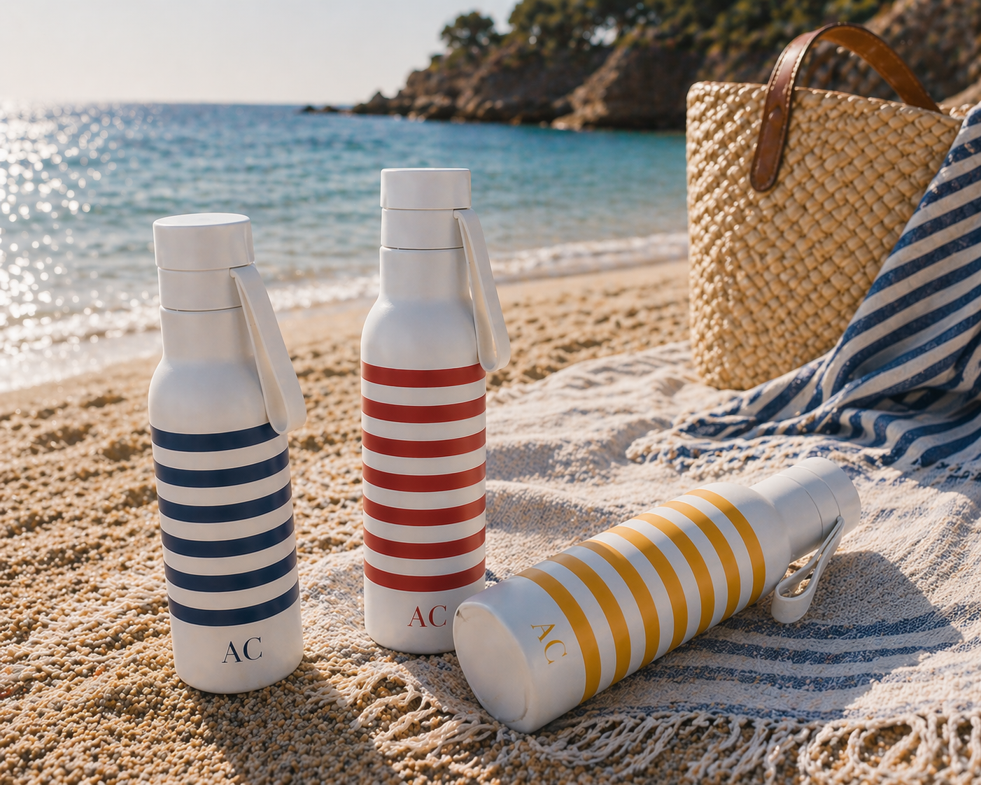 Três garrafas térmicas com riscas coloridas sobre toalha de praia ao lado de bolsa de palha na areia