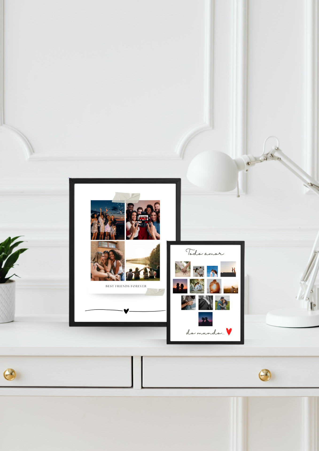 Duas molduras de fotos com imagens de amigos e casais sobre mesa branca com planta e luminária