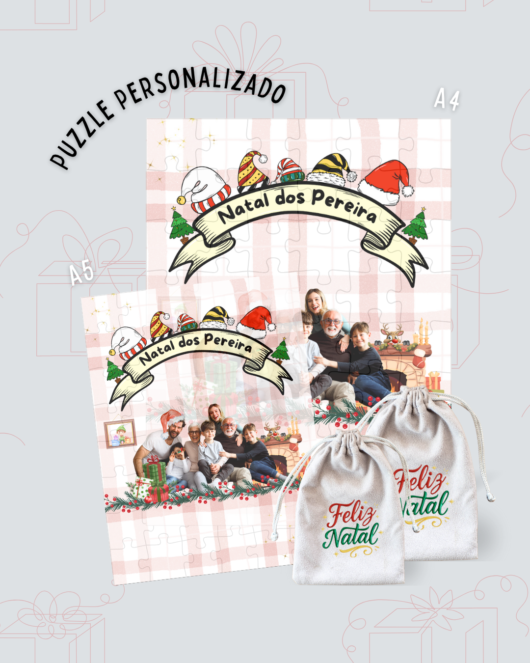 Dois puzzles personalizados de Natal com fotos de família e dois sacos com 'Feliz Natal'