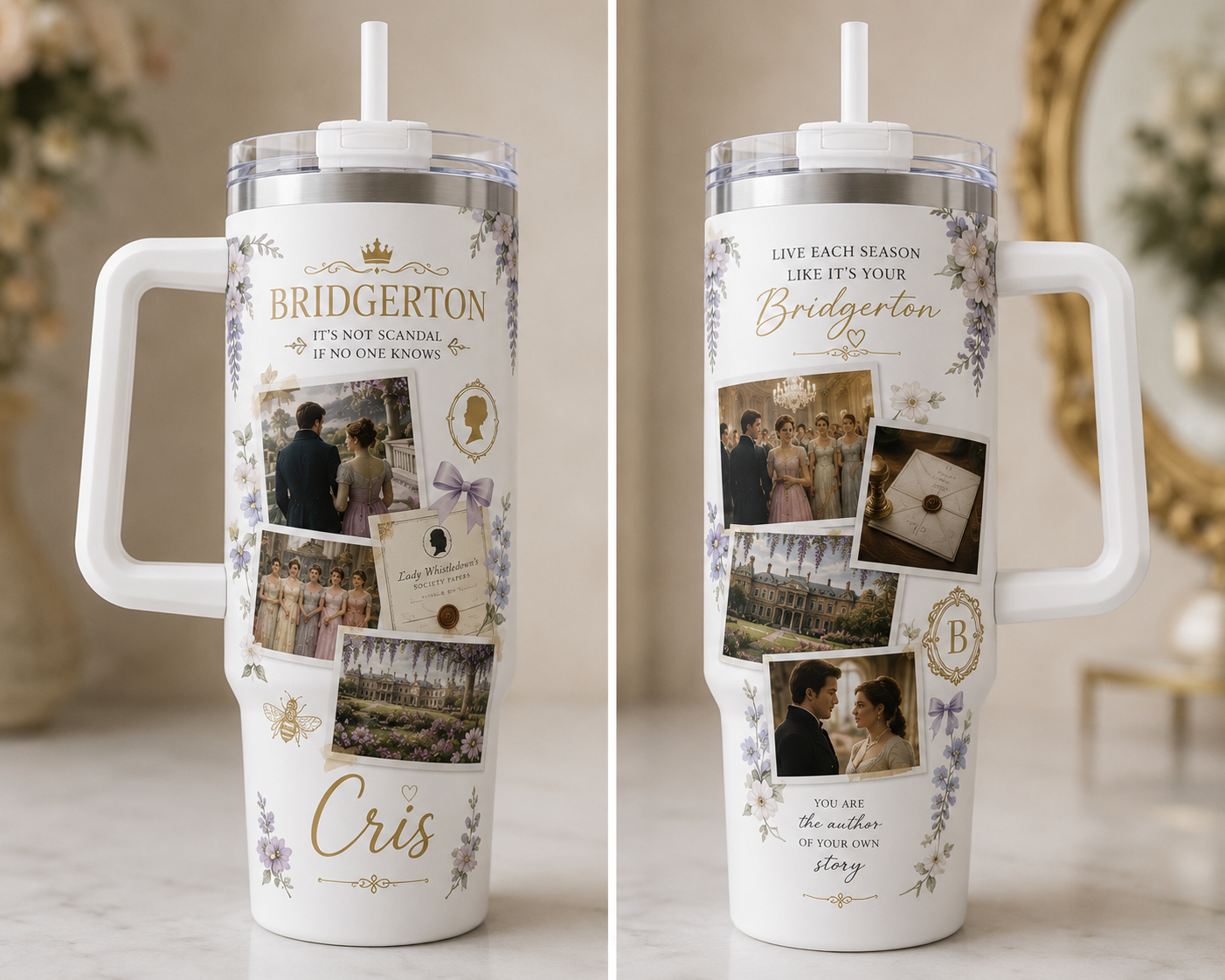 Copo branco com tampa, canudo e decoração temáticas da série Bridgerton