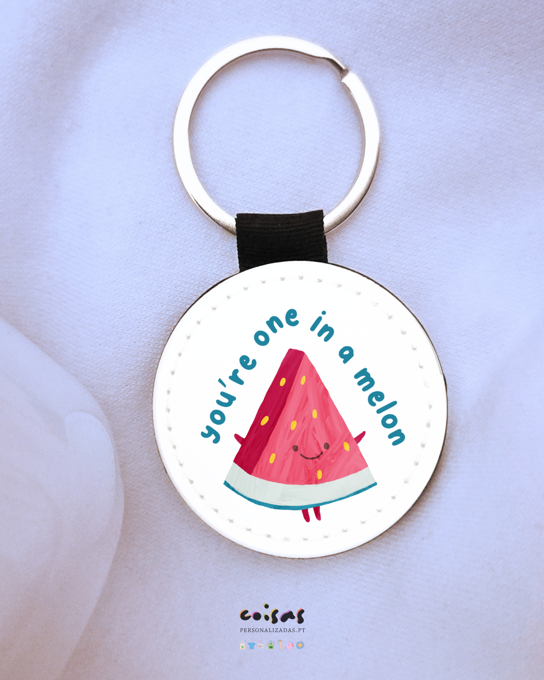 Porta-chaves divertido com ilustração de melancia e frase romântica