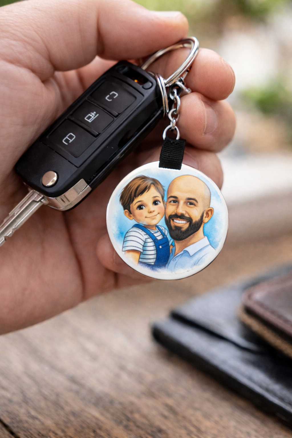 Chaveiro redondo com ilustração de homem e criança numa mão segurando comando de carro preto