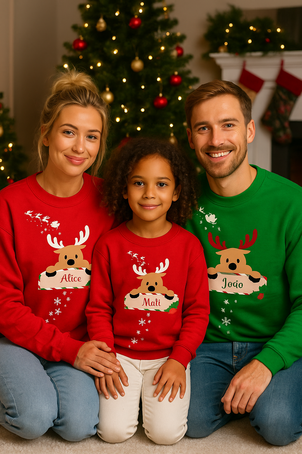 Três pessoas com camisolas de Natal com estampado de rena e nomes, junto a uma árvore de Natal decorada.