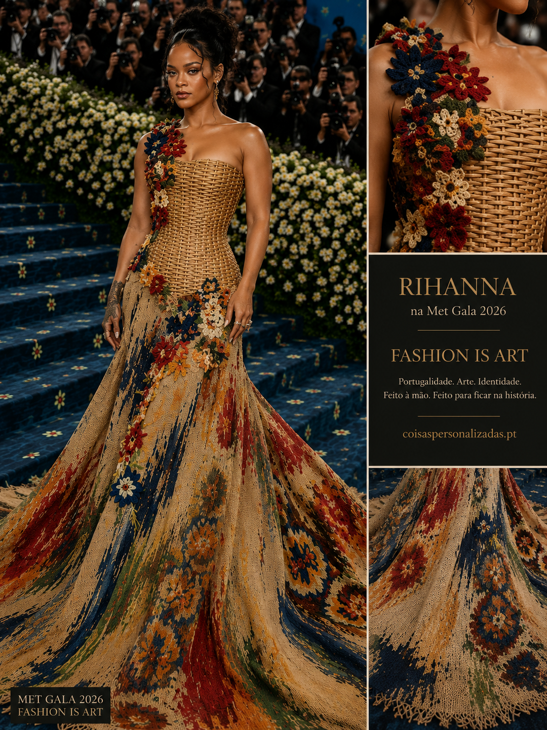 Vestido de gala com corpete em padrão de vime e saia longa floral colorida com flores de crochê no ombro.
