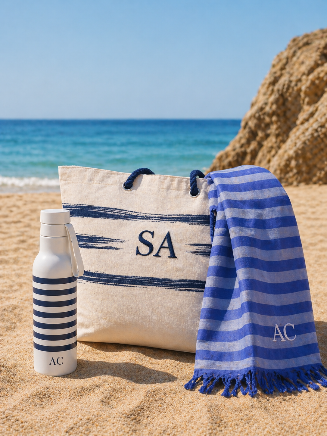 Conjunto Riviera Bolsa Pareo Garrafa Navy