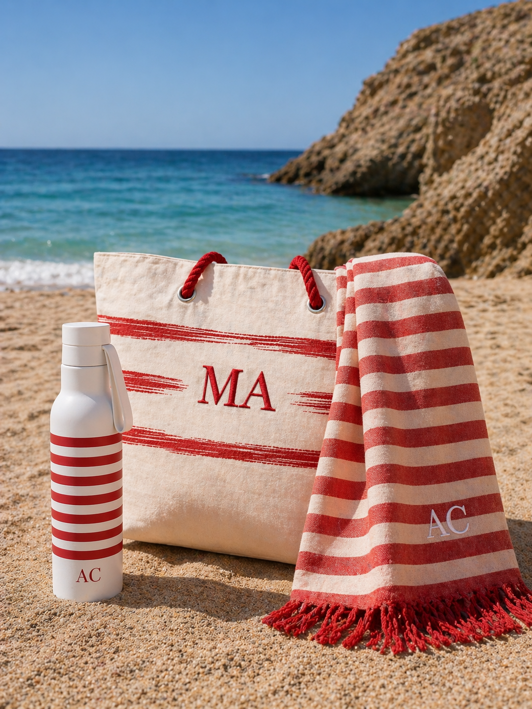 conjunto completo riviera com bolsa pareo e garrafa personalizados com iniciais na praia