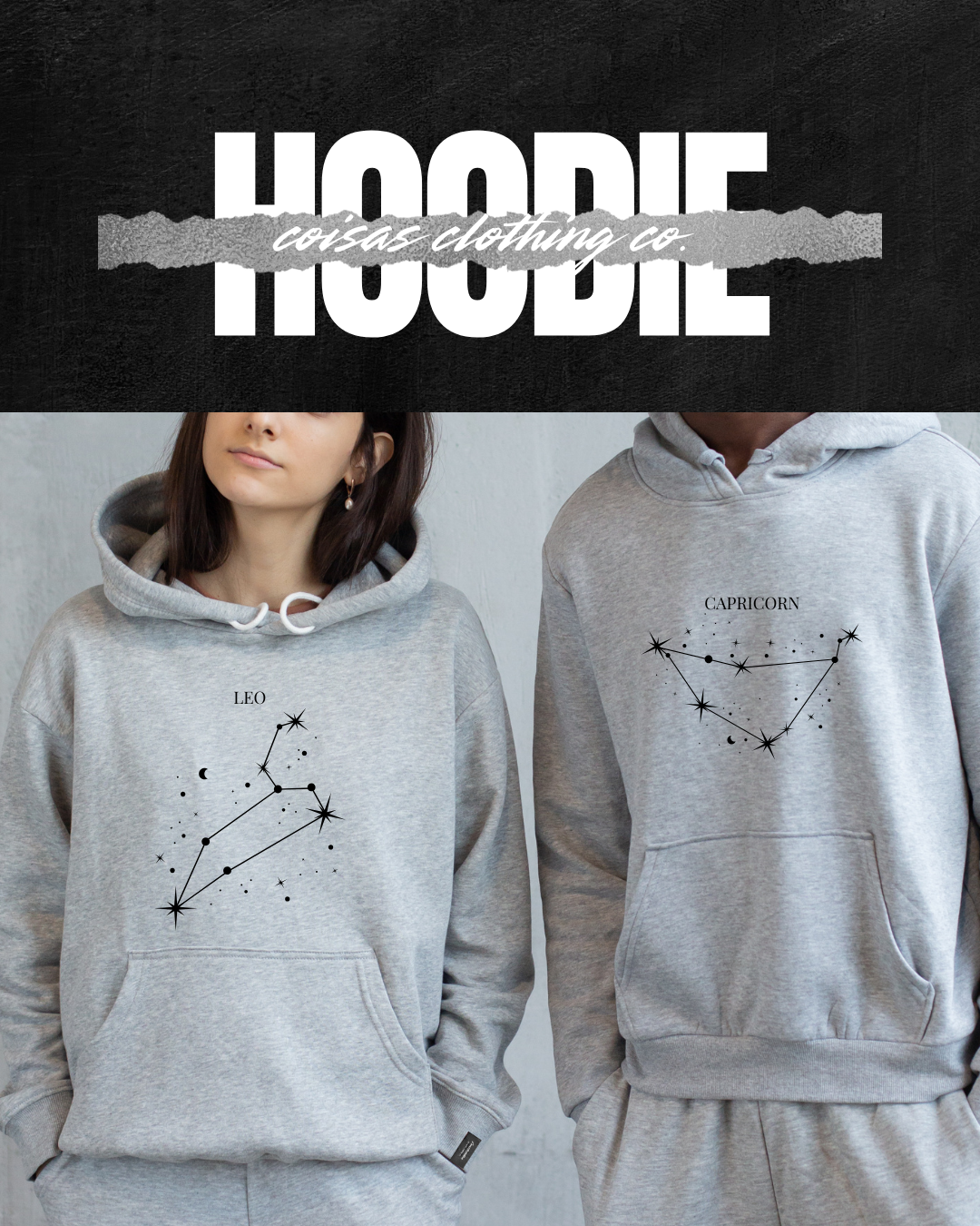 Duas pessoas com hoodies cinzentos com constelações LEO e CAPRICORN